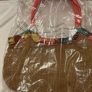 Stylish Brown Woven Bag with Red Handles